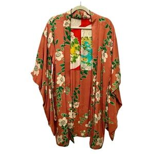 Vintage Japanese Silk Floral Kimono Robe – Rust with Green & Ivory Accents